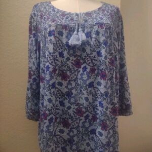 Blair XL Light Blue Purple Red Floral Smocked Peasant Top with Tassel Tie